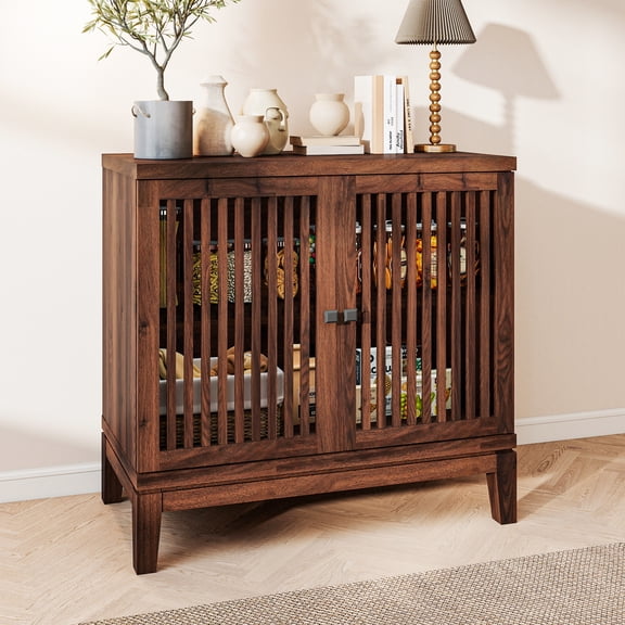FIAKOA Farmhouse Buffet Cabinet with Storage, Walnut Brown Sideboard Cabinet with Grille-Striped Doors & Adjustable Shelf, Kitchen Coffee Bar Credenza for Apartment, Dining Room