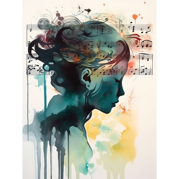 Music on my Mind Singing in my Head Modern Portrait Watercolour Illustration Large Wall Art Poster Print Thick Paper 18X24 Inch