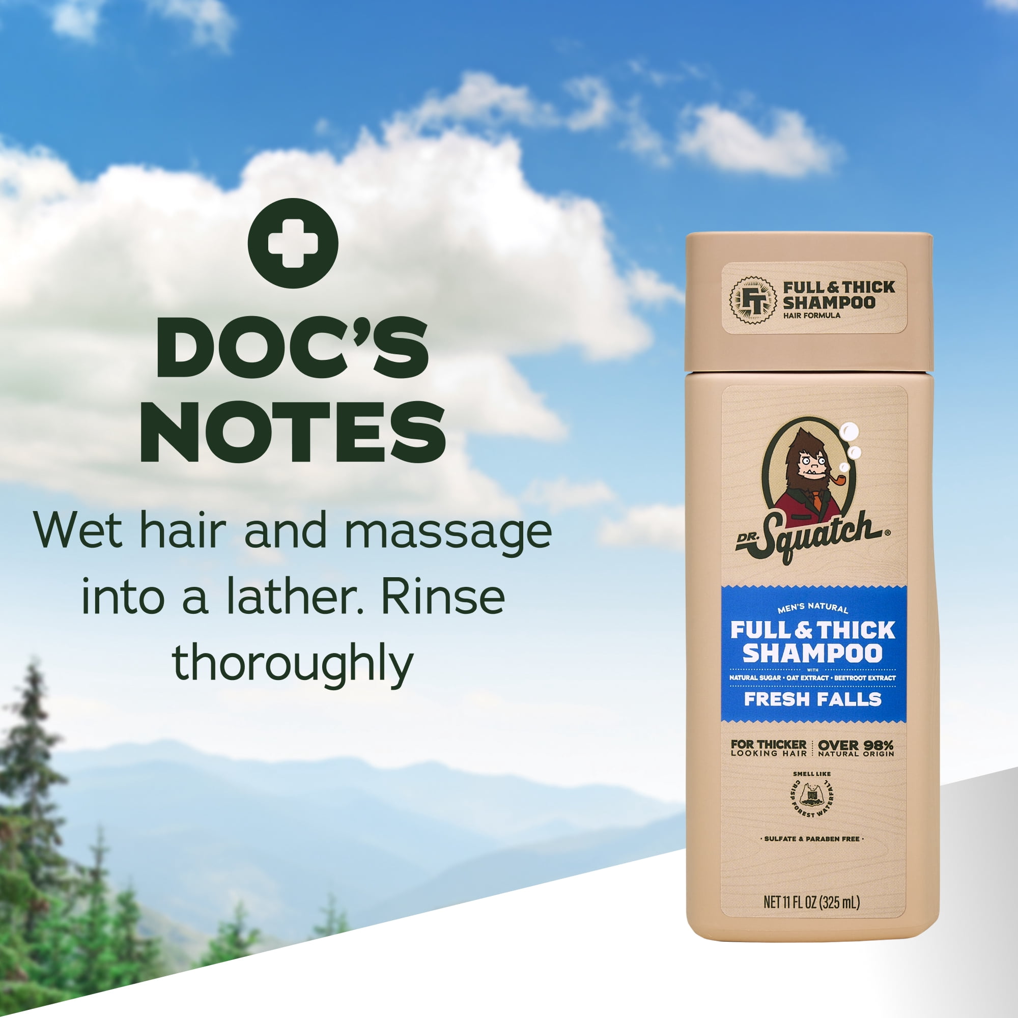Dr. Squatch Full & Thick Mens Hydrating Shampoo, Thickening Natural Sulfate Free Shampoo for Men, Fresh Falls, 11 fl oz