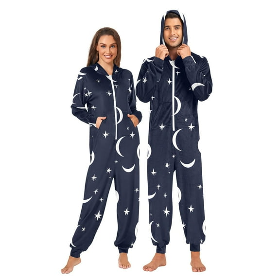 Moons and Stars Adult onesie Pajamas, Crystal Velvet Ultra Soft Warm Jumpsuit for Men and Women