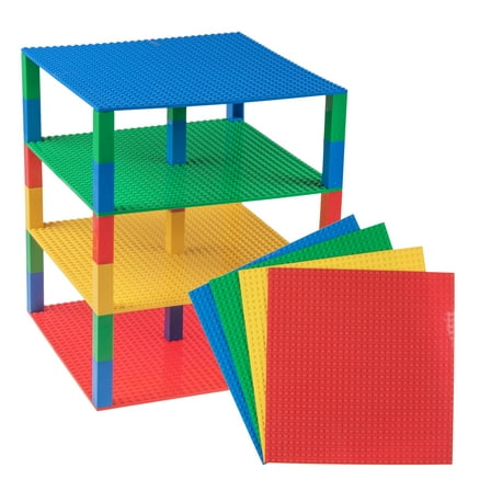 Strictly Briks Toy Building Block - Classic Stackable Baseplates 10x10 Inch Brik Tower for Baby, 4 Baseplates & 30 Stackers - Blue, Green, Red & Yellow, 34 Pc