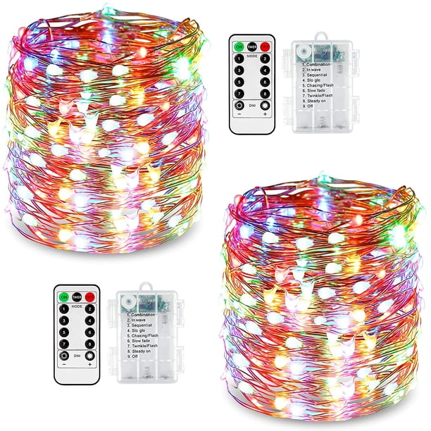 Cadena de luces LED de 10 m, 100 bombillas, 8 modos, resistente al agua, funciona con pilas, con mando a distancia y temporizador para decoración de interior y exterior, perfecta para