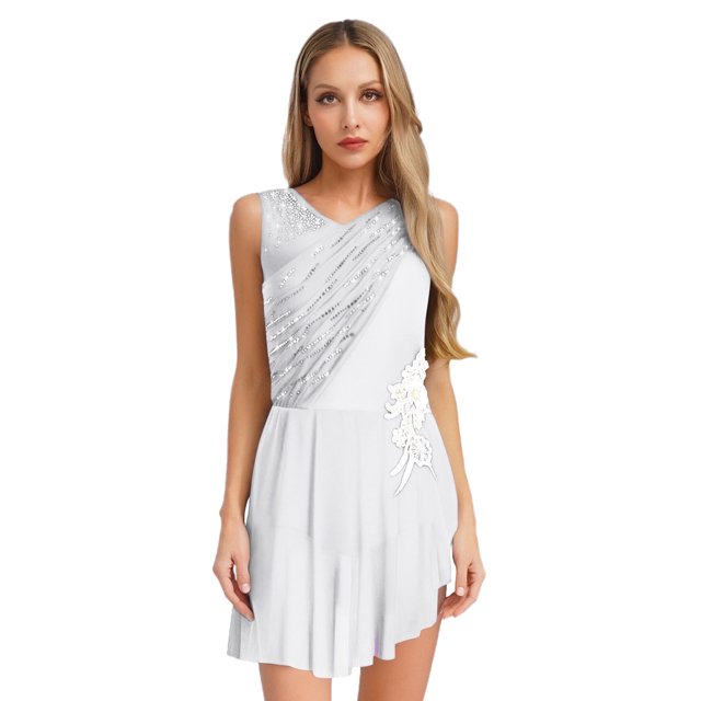 Sxiwei Women Lyrical Dance Dresses Sleeveless Irregular Hem Shiny Rhinestones Dress Stage Performance White M