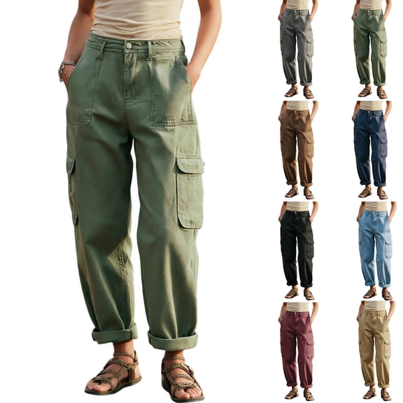 Womens Barrel Baggy Cargo Pants Casual High Waisted Wide Leg Hiking Joggers with Pockets Army Green XL(XL)