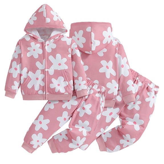 Kkkded Toddler Baby Kids Long-Sleeved Hooded Outfits for Girls Print Zip Sweatsuit Tops Casual Trousers Sprinting Fall 2PCS Set 2-6T