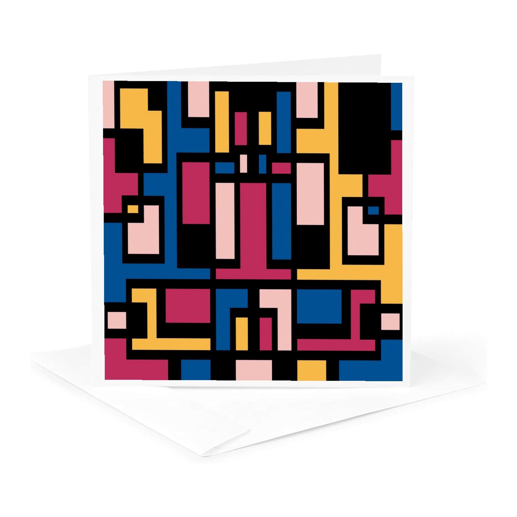 3drose Geometric Art Deco Style Blue Pink Yellow Black Outline 1 Greeting Card with Envelope