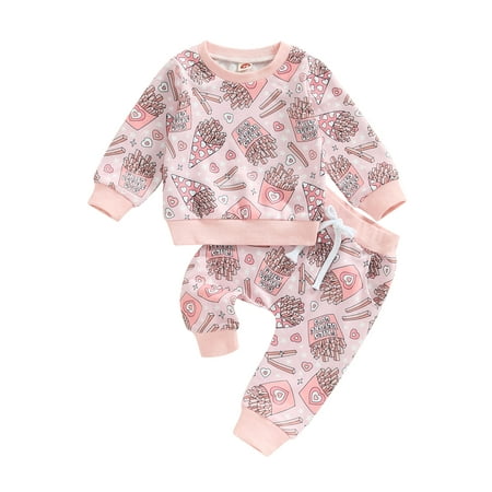 

EYIIYE Toddler Baby Girls Valentine s Day Outfit Fries Print Long Sleeve O Neck Pullover Tops + Drawstring Pants Sets 0-3 Years