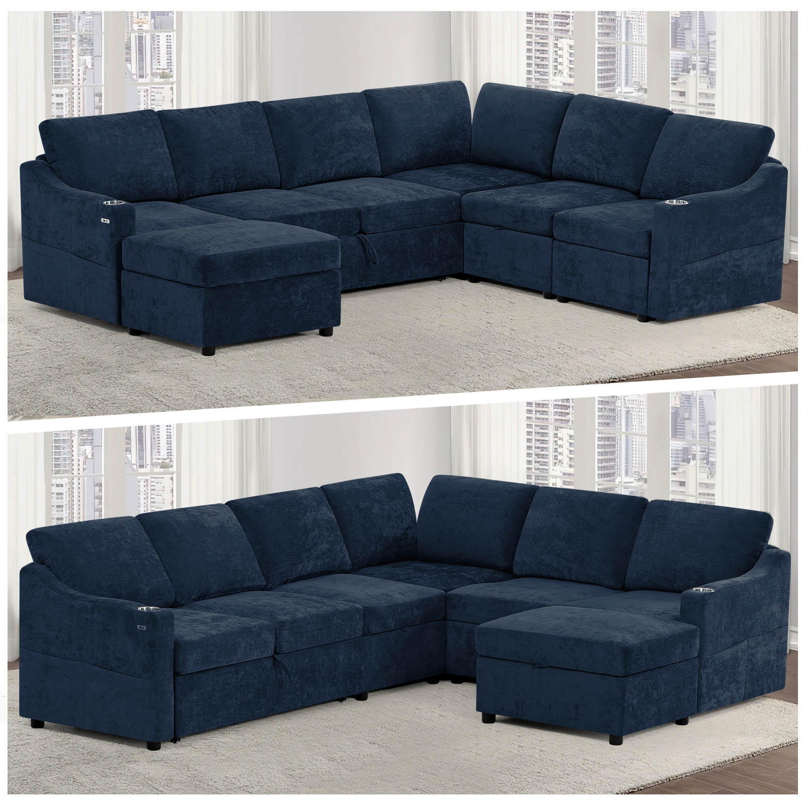 ACMEASE 116 Inches Chenille Sectional Couch w/Adjustable Backrests & Ottoman, Convertible U Shape Sleeper Sofa w/USB Ports, Modular Corner Sofa w/Pull-Out Bed & Storage Space for Living Room, Blue