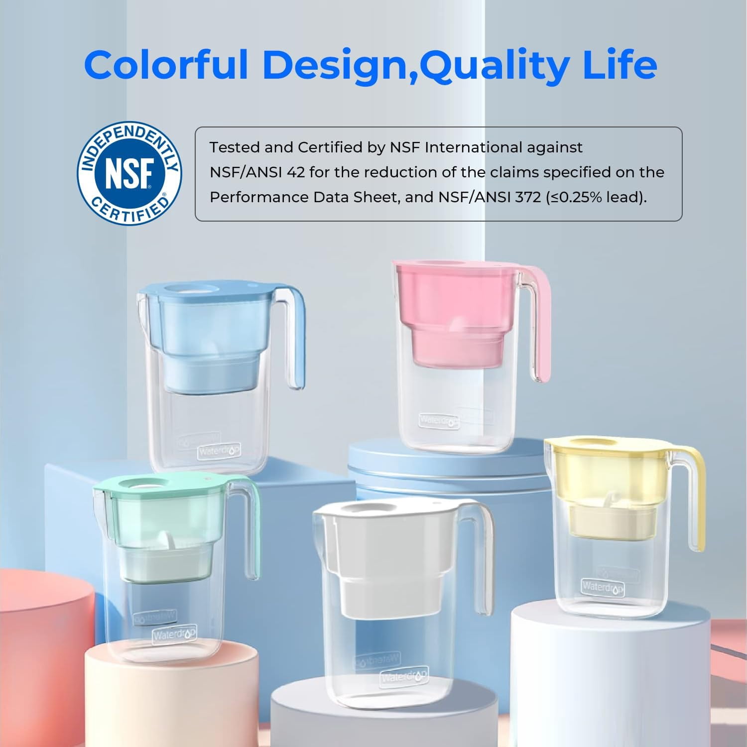 Waterdrop PT-05B Water Filter Pitcher, 7-Cup Capacity, NSF Certified, 5X Longer Filter Life, Up to 200 Gallons, for Fridge, Countertop, and Gift Giving, Reduces PFOA/PFOS, Chlorine, Blue