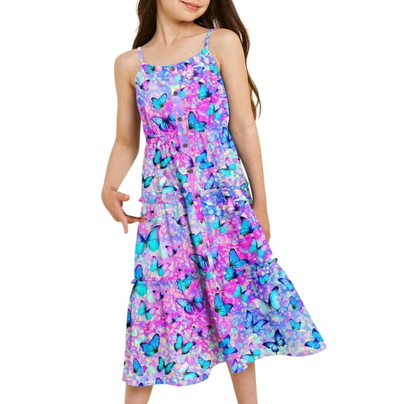 Aideaone Girls Summer Flowy Dress Spaghetti Straps Sleeveless A Line Printed Casual Sundress 6-12Y