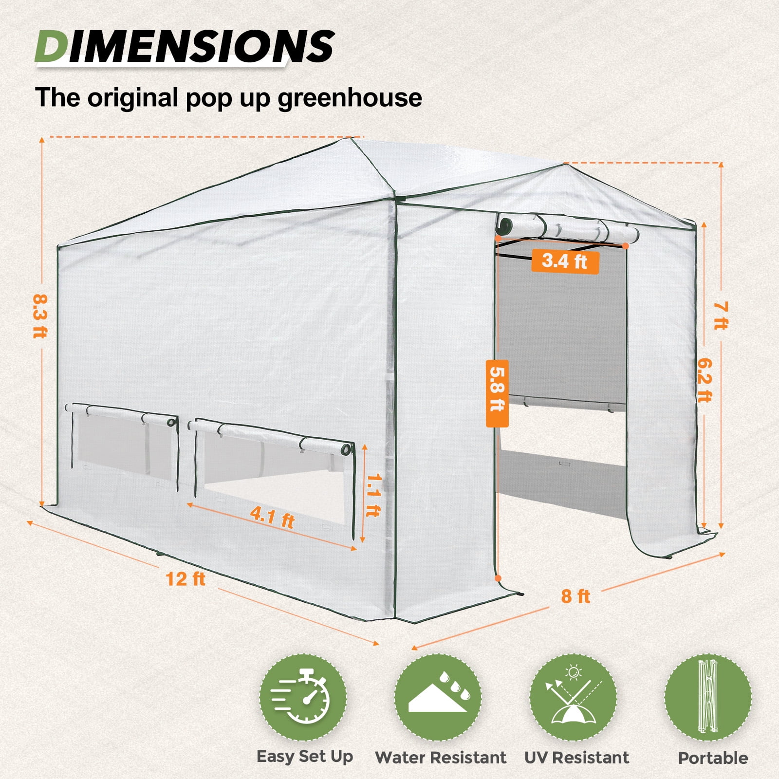 EAGLE PEAK 12x8 Portable Walk-in Greenhouse with Support Pole, Pop-up Outdoor Plant Gardening Green House, Woven White
