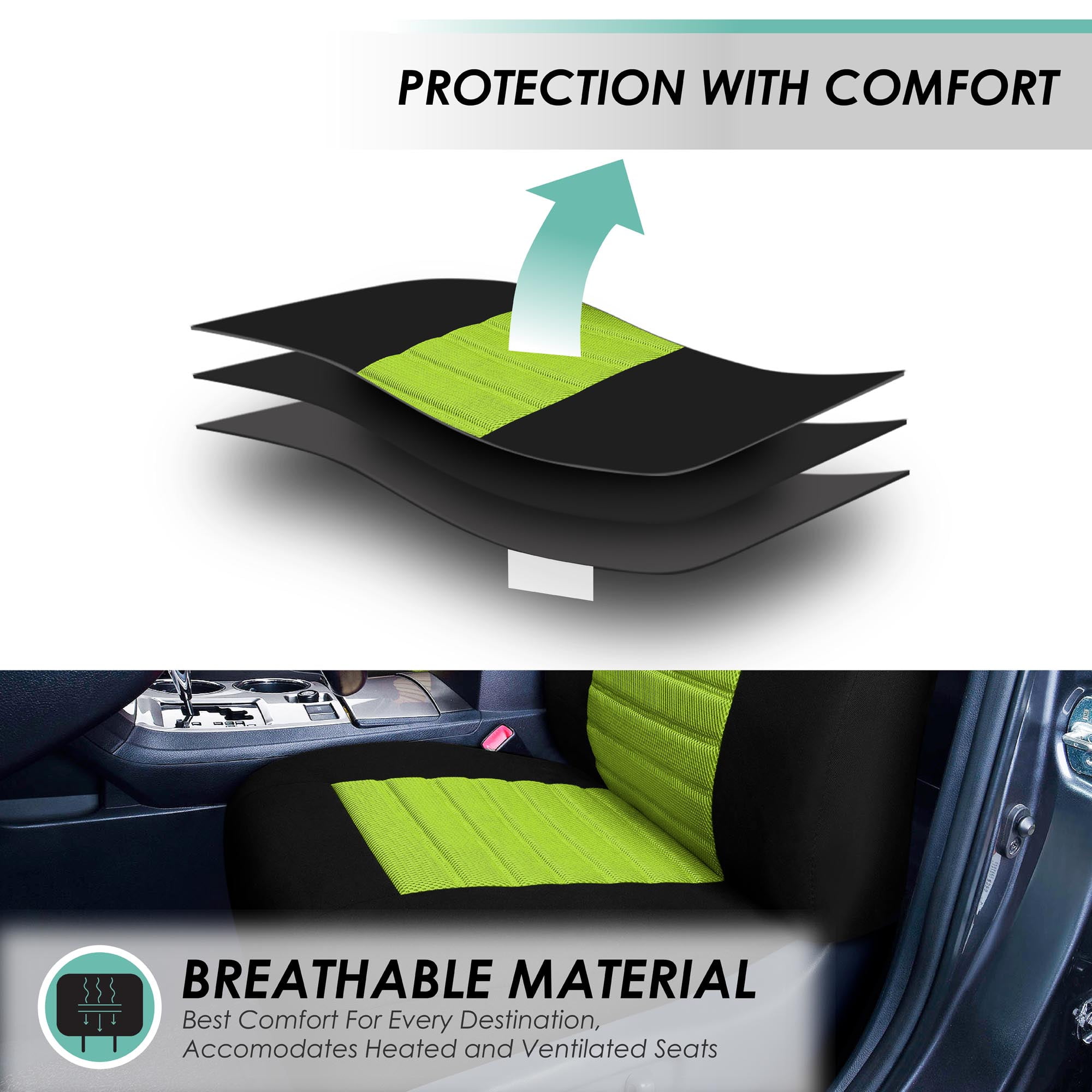 FH Group Car Seat Covers Premium 3D Air Mesh w/ Removable Headrest, Universal Fit Airbag Compatible for SUV, Sedan, Van Green - Front Set