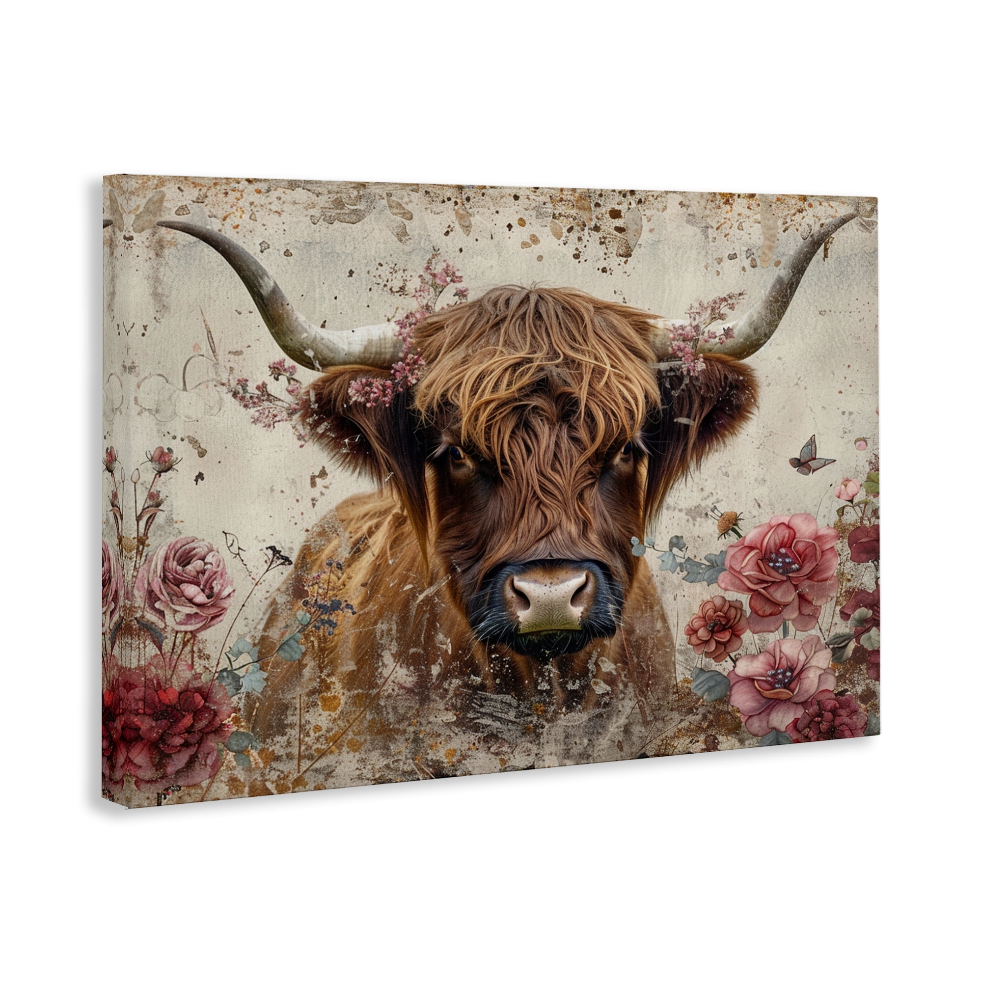 Stupell Industries Highland Cow in Spring Animals Painting Wrapped Canvas Art Print Wall Art, 24 x 16