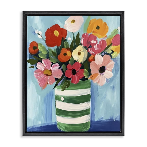 Stupell Industries Modern Bouquet in Green Striped Vase Black Floating Frame Canvas Art, 17 x 21, by Petals Prints Design