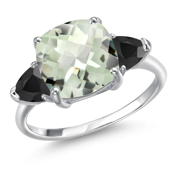 Gem Stone King 10K White Gold Green Prasiolite and Black Onyx Engagement Ring for Women | 4.47 Cttw | Cushion Checkerboard 10MM | Gemstone Birthstone | Size 8