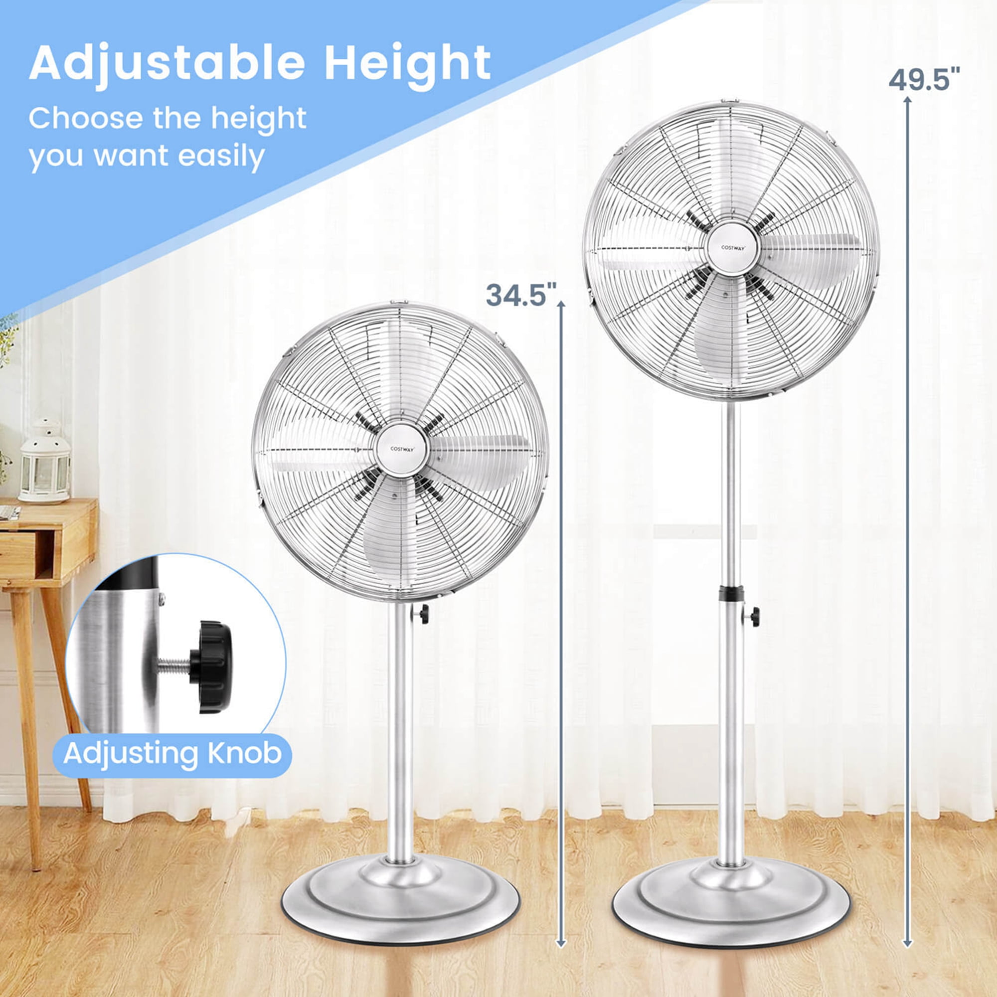 Costway 16" Standing Pedestal Fan with 3 Speed Settings Carrying Handle Aluminum Blades Silver