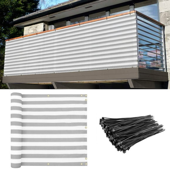 E&K Balcony Privacy Screen For Deck Yard Patio Pool 3'X33' Privacy Fence Screen Porch Yard Backyard Railings Chain Link Fence Dog Fencing Privacy Screen Cover With Zip Ties Gray White Strip