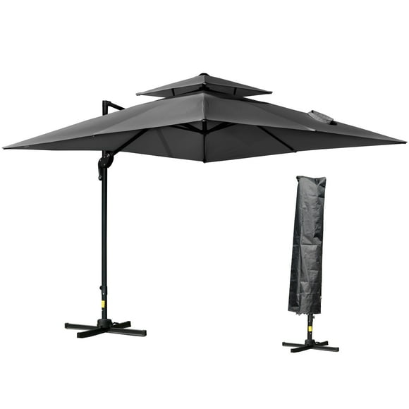 Outsunny Parasol Déporté de Patio 10 Pieds x 10 Pieds, Parasol Carré à Double Toit avec Rotation à 360°, 5 Angles d'Inclinaison Réglables, Housse de Parasol, Mât et Baleines en Aluminium, Gris Anthracite