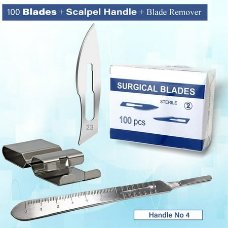 

Box of 100 Sterile Blades #23 + Blade Remover + Scalpel Handle No 4 w/ Scale