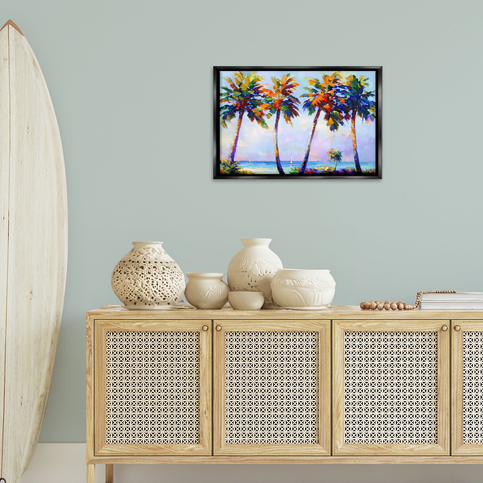 Stupell Industries Palm Trees in Sun Warmth Landscape Painting Black Floater Framed Canvas Art Print Wall Art, 25 x 17