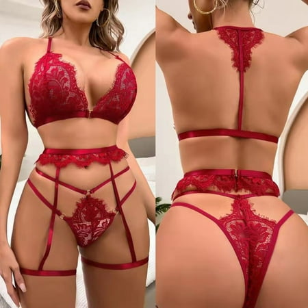 

VONCOS Women s Lace Sexy Erotic Underwear Sexy Women Lace Hollow Out Babydoll Underwear Sleepwear Intimates Thong With Garter Panty Lingerie Set