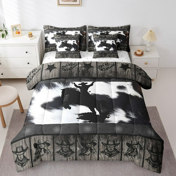 Erosebridal Western Cowboy Cowgirl Bed In A Bag Twin Size,Black White Cow Print Bed Set,Farm Horse Bedding Twin Size, Super Cozy Bedroom Decoration,7 Pieces