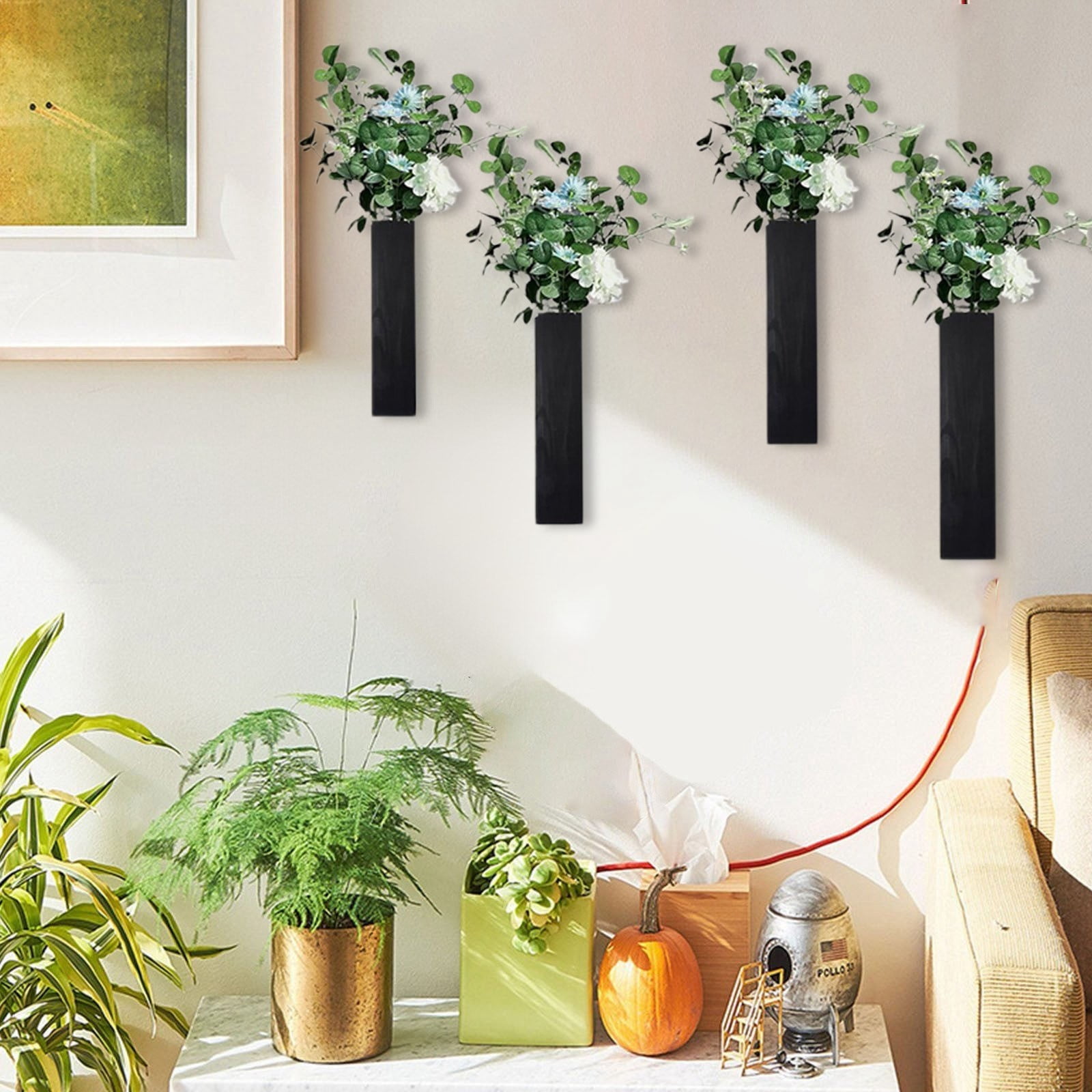 Black Wood Wall Planter for Indoor â Modern Farmhouse Hanging Planter for Dried Flowers, Greenery & Succulents â Living Room, Bathroom & Kitchen Wall Decor