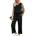 thumbnail image 3 of Two Piece Sets for Women Summer Outfits Lounge Sets Mock Neck Tops Wide Leg Crop Pants Vacation Travel Outfits Black S, 3 of 8
