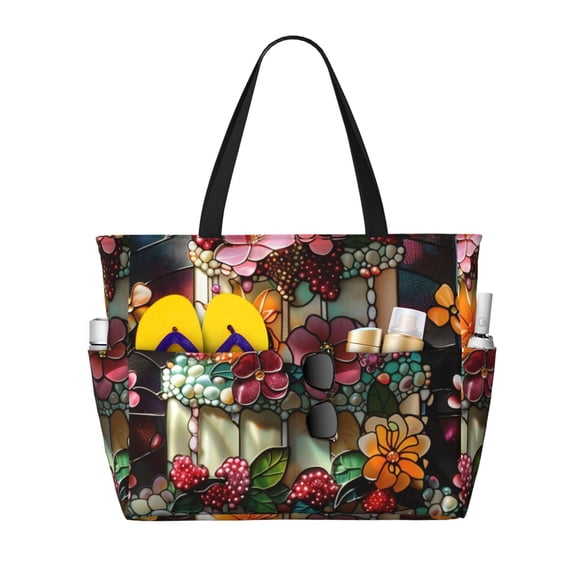 Balery Stained Glass Floral Cake Beach Travel Bag - Water-Resistant, Large Capacity Lightweight Tote with 7 Pockets for Women and Men - Perfect for Beach, Pool, Gym, and Travel
