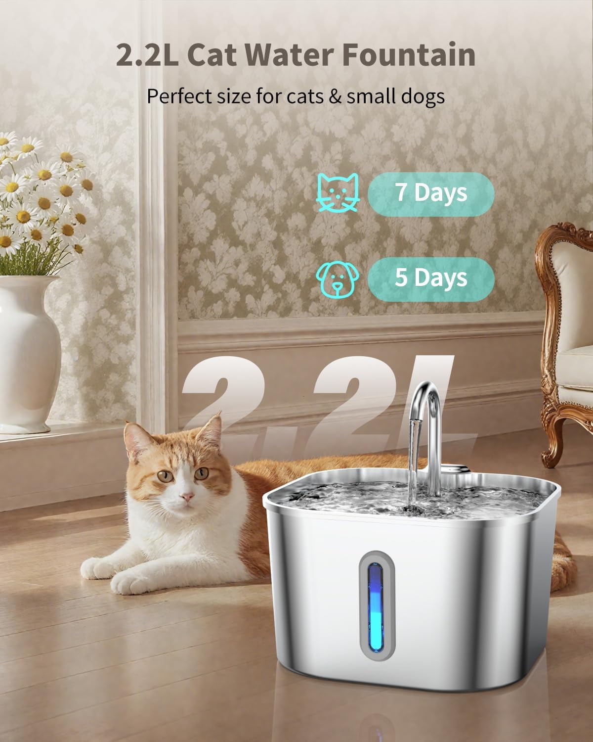 Cat Water Fountain Stainless Steel, 74oz/2.2L Cat Fountain with Quiet Pump, Automatic Pet Water Dispenser, Ideal for Multi-pet Homes, Fresh & Clean Water for Cats and Dogs
