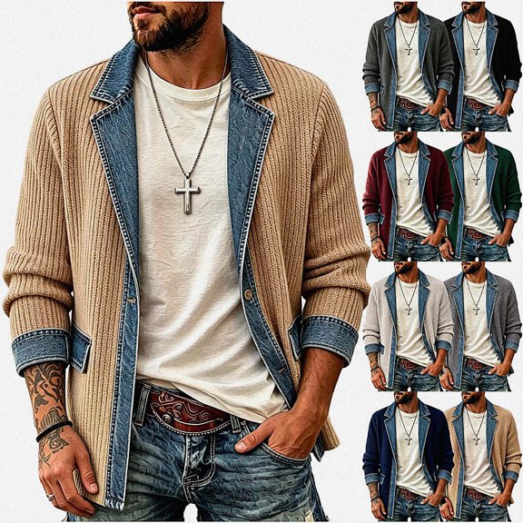Afuyipoi Mens Blazer Knit Denim Patchwork Long Sleeve Single Button Pocket Jacket Khaki Size L