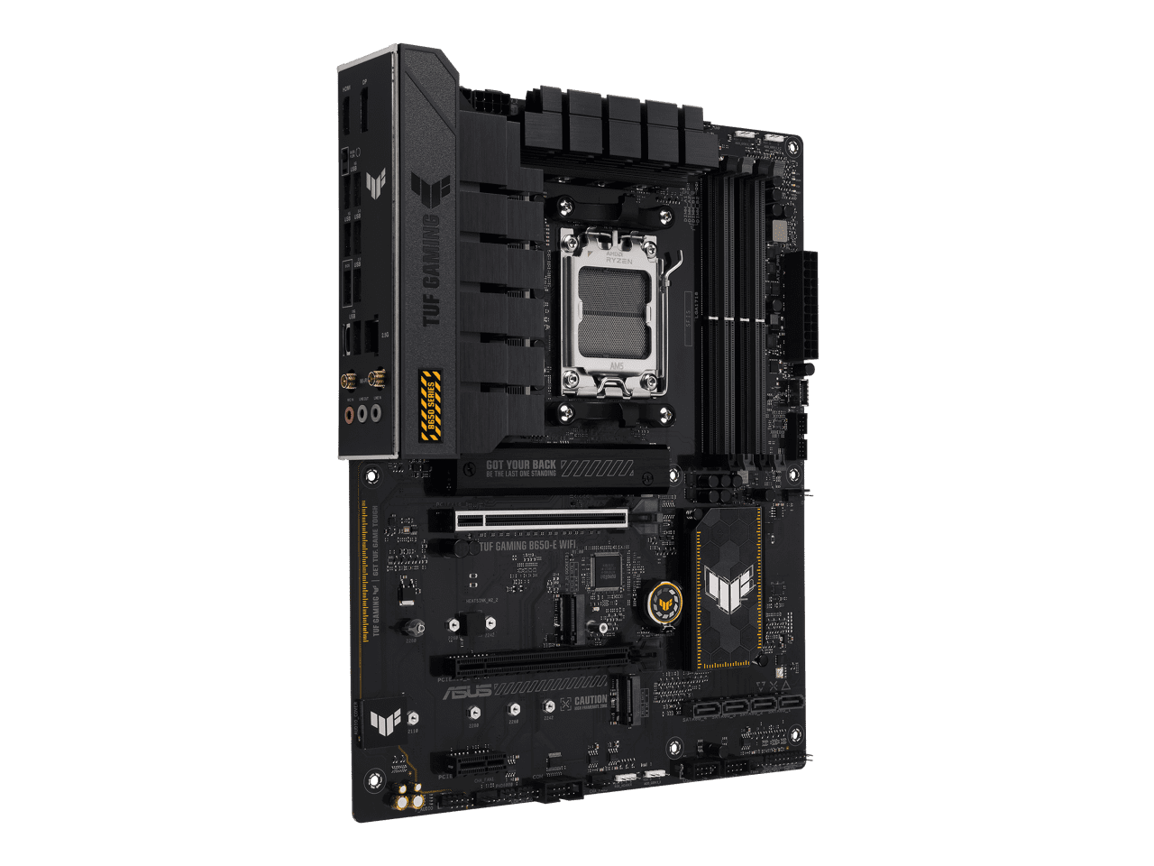 ASUS TUF GAMING B650-E WIFI AMD B650 AM5 ATX motherboard, DDR5, 8+2 teamed power stages, PCIe 5.0, a PCIe 5.0 M.2 slot, Realtek 2.5 Gb Ethernet, Wi-Fi 6E, HDMI, DisplayPort, front USB 20Gbps Type-C