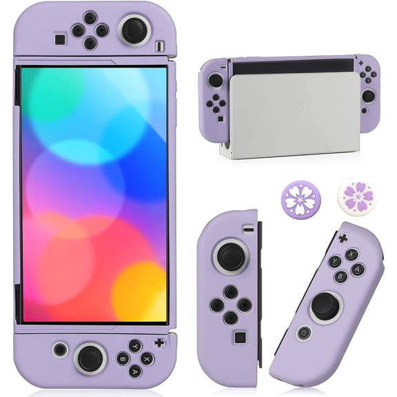 KOMI Switch OLED Case for Nintendo Switch OLED Model, Dockable Cover Soft TPU Protector Case for Switch OLED Grips & Console and Accessories with 2 Pcs Thumb Caps, Purple