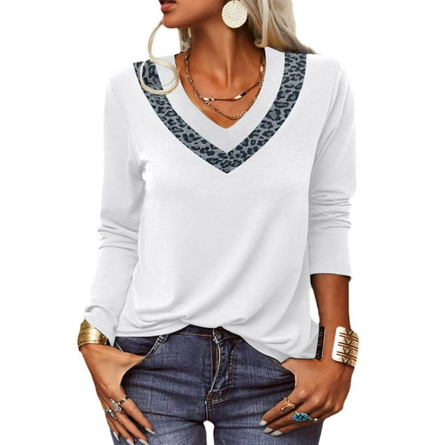 Jersey con cuello en V de leopardo, camiseta holgada informal de manga larga, túnica suave de moda para mujer