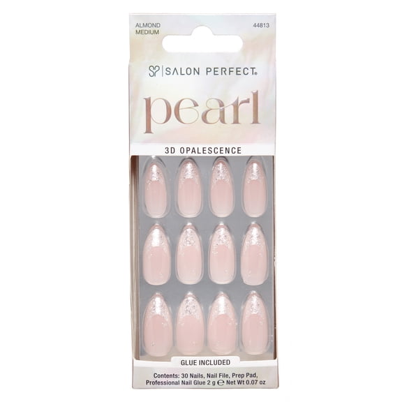 Salon Perfect Artificial Fake Press On Nails, 506 Pearl French, Medium Almond, File, Glue, and Prep Pad Included, 30 Nails
