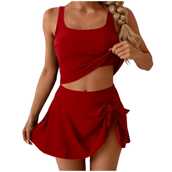 DISKEBUISS Women's Tankini Bathing Suits Solid Color Padded Wireless Tank Top & Skirt Two Piece Swim Set for Beach