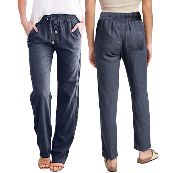 Bmisegm Solid Cotton and Pants with Pocket Long Pants for Women Navy L