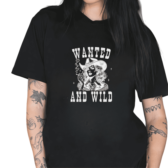 Women's Black Wanted And Wild Cowgirl Print Tshirt Graphic Tees Shirts Western Casual Tops S-5XL