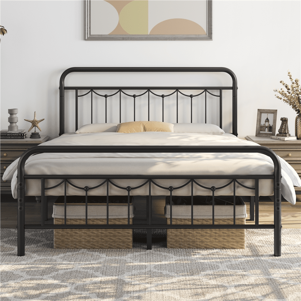 Alden Design Metal Platform Queen Bed with Vintage Headboard, Adult, Black