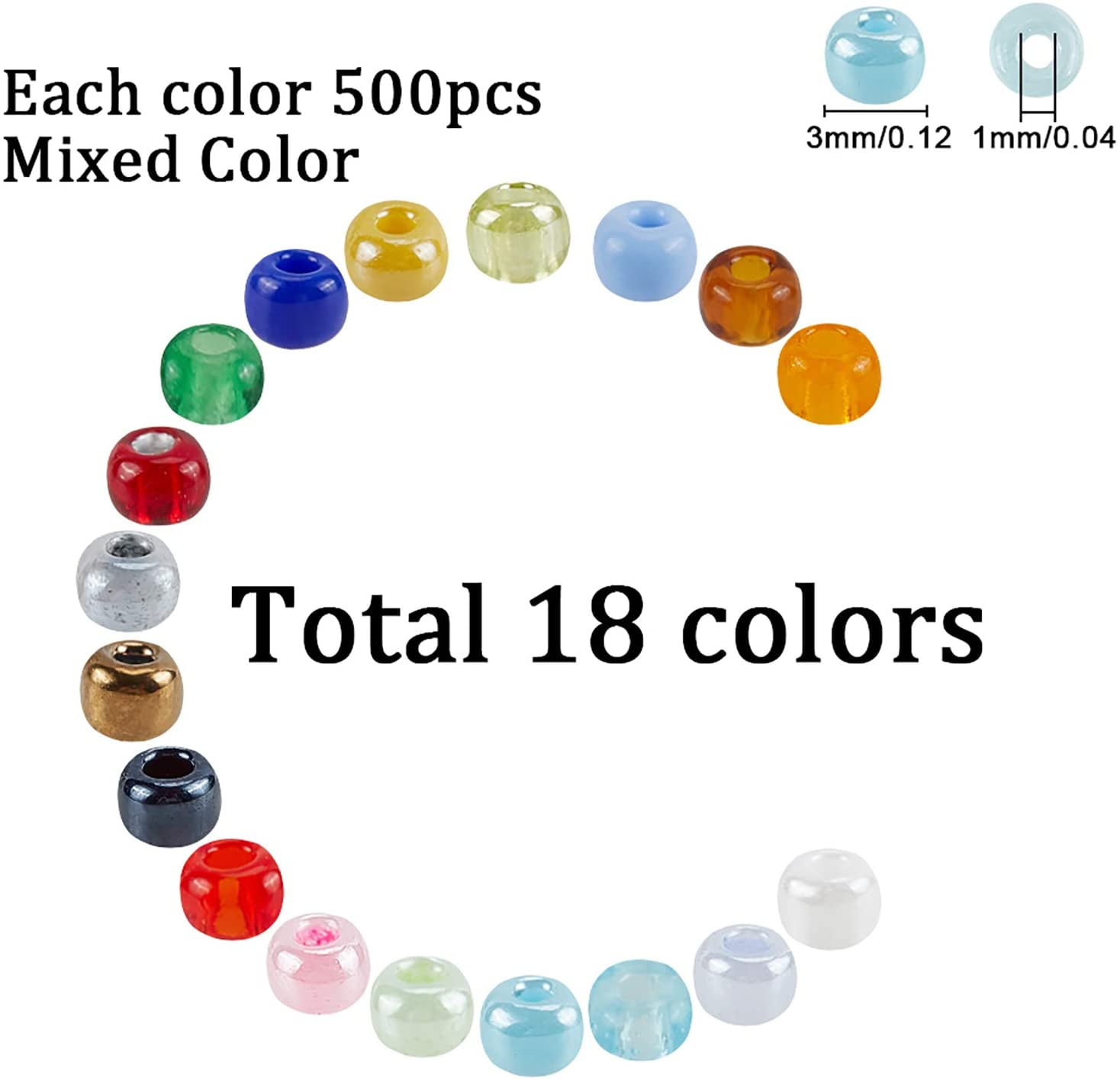 1 Box 18 Color 8/0 Glass Seed Beads 3mm 9000 Pieces Assorted in Storage Box