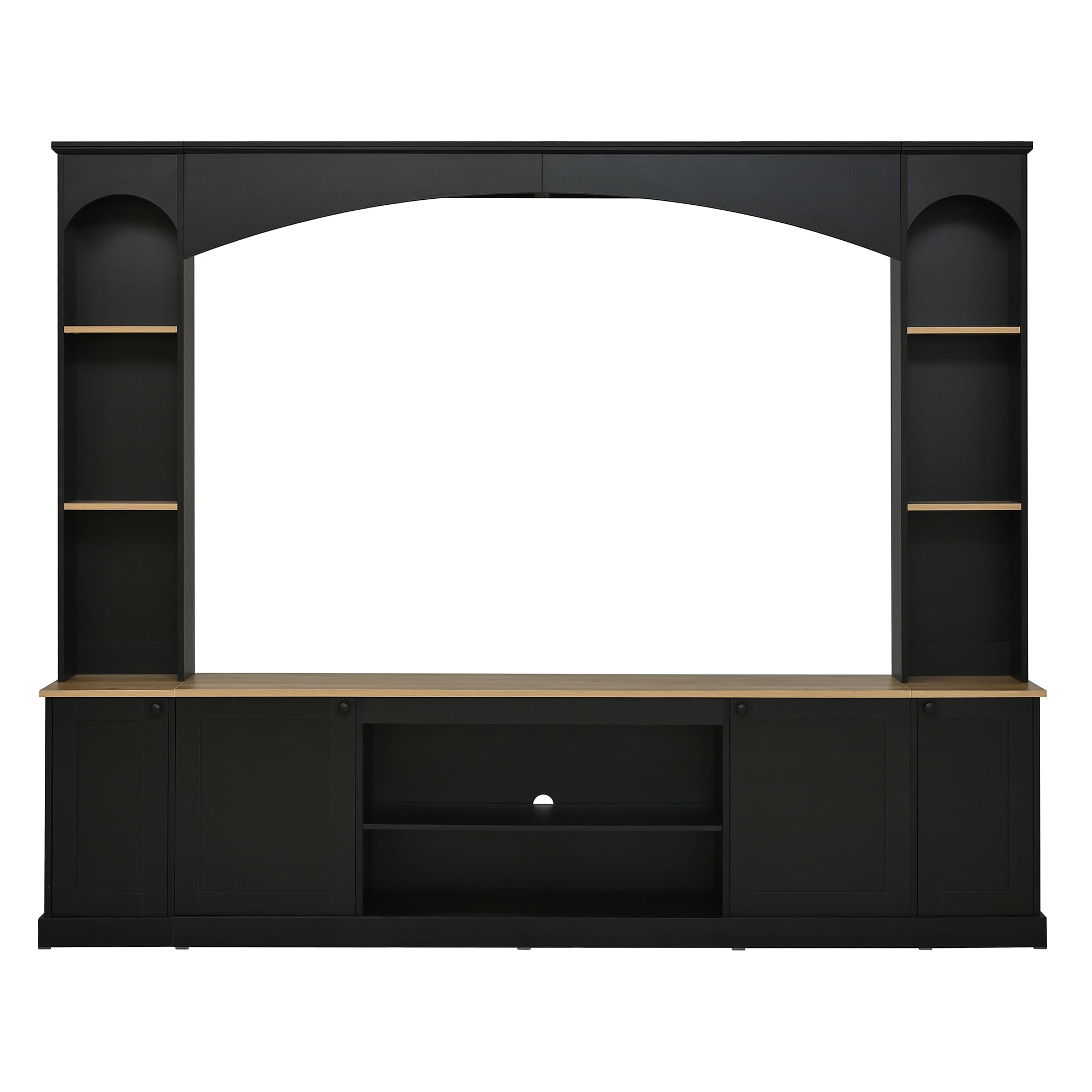 Luckynote Farmhouse TV Stand, Entertainment Center with Bookshelf, Arched Design Wood Grain for 70" TVs, 91 Inch Media Console with Adjustable Shelves, Black