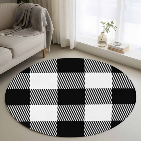 Round Area Rug 4 Ft, Black White Plaid Washable Non-Slip Circle Carpet for Living Room/Bedroom, Farmhouse Modern Abstract Art Buffalo Low-Profile Crawling Mats Collection Rugs for Indoor