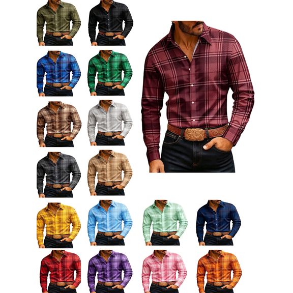 Atkumj Plaid Long Sleeve Shirts for Men Dressy Casual Turndown Collar Button Down Shirt Casual Formal Business Dress Shirts with Chest Pocket S