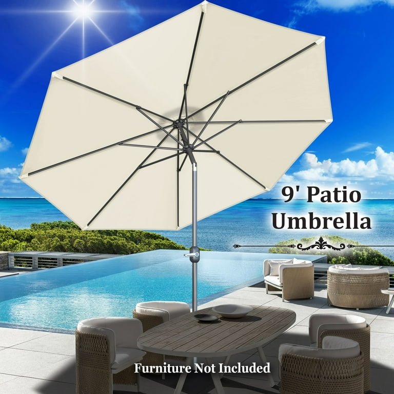 9 patio umbrella with 6 or 8 ribs Sunrise 9' Outdoor Umbrella with 8 Ribs, Tilt, and Crank, Patio Garden  Market Sunshade Umbrella (Ecru)