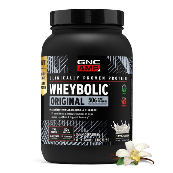 GNC AMP Wheybolic Clinically Proven Protein Powder, 50g Whey Protein, BCAA, Leucine, Increases Muscle Strength, Muscle Building, 3rd Party Tested, Gluten Free, Classic Vanilla 13 Servings