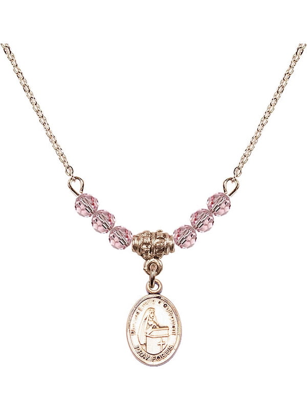 18-Inch Hamilton Gold Plated Necklace with 4mm Rose Birthstone Beads and Gold Filled Blessed Emilee Doultremont Charm. 18-Inch Hamilton Gold Plated Necklace with 4mm Rose Birthstone Beads and Gold Filled Blessed Emilee Doultremont Charm.