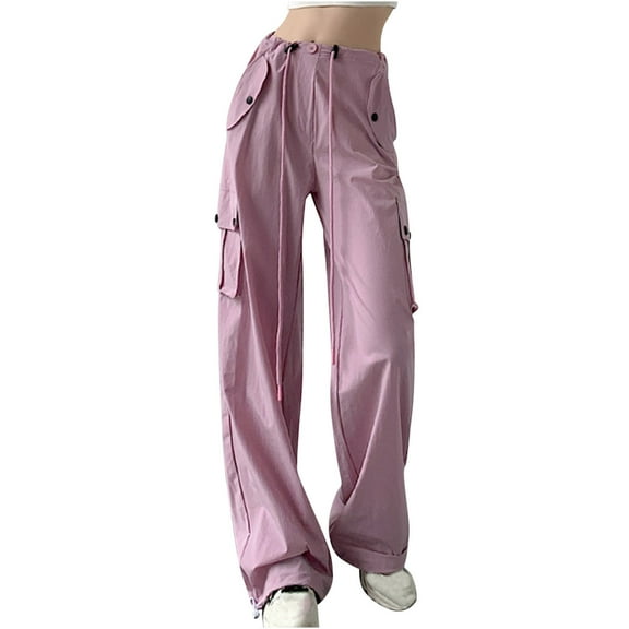 RYRJJ Parachute Pants for Womens High Waisted Wide Leg Cargo Pants Y2k with Pockets Baggy Casual Harajuku Streetwear(Pink,S)