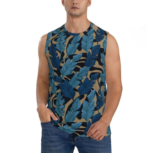 Fotbe Blue Leaves A Men's Camiseta sin Mangas Estampada para Hombres, Playera Casual para Gimnasio, Entrenamiento, Playa-Small