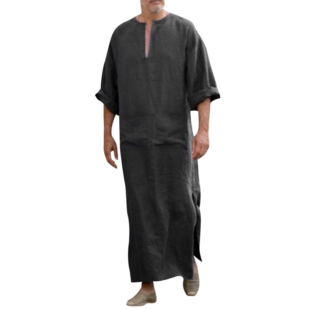 MODSGUE Hommes Casual Ethnique Musulman Thobe, Lin Caftan Manches Longues Moyen-Orient Arabe Saoudite Confortable Peignoir Robes avec Poches, bleu, 5XL