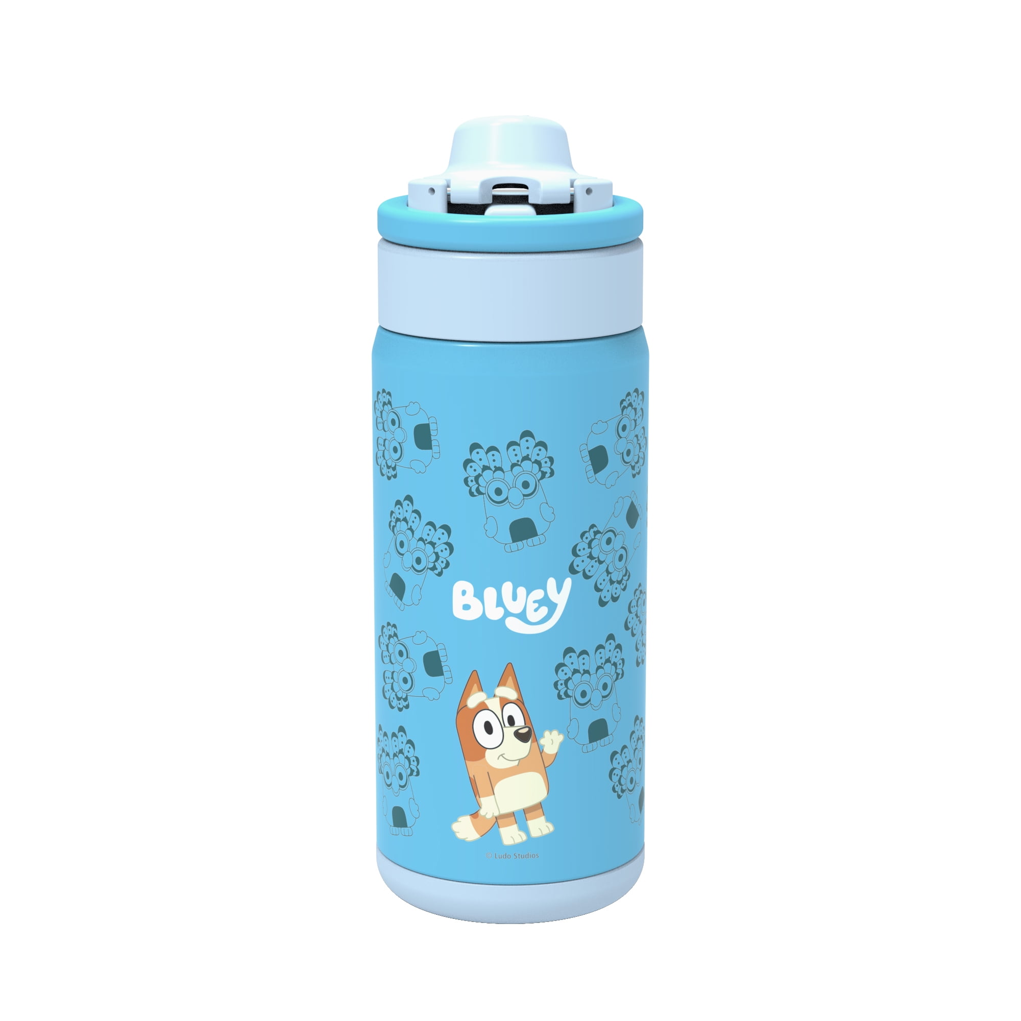 Zak Designs 14oz Bluey Kids Straw Water Bottle, Stainless Steel Vacuum Insulated Lincoln Bottle with Easy-Open Locking Spout Cover for Travel, Built in Carry Handle